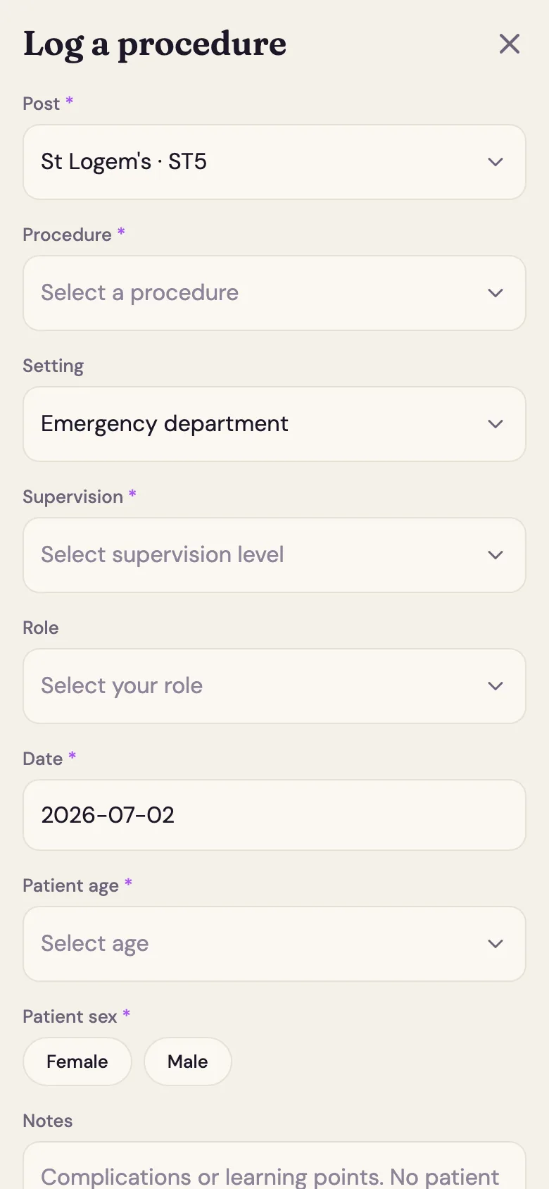 The log a procedure form with setting, supervision, role and date fields