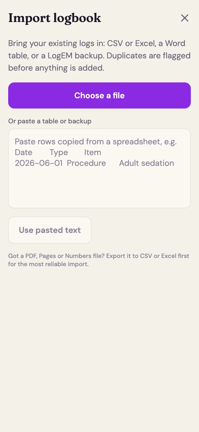 Logbook import screen with a choose-a-file button and a paste field for existing records