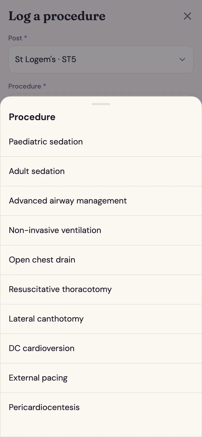The procedure picker listing RCEM higher procedural skills