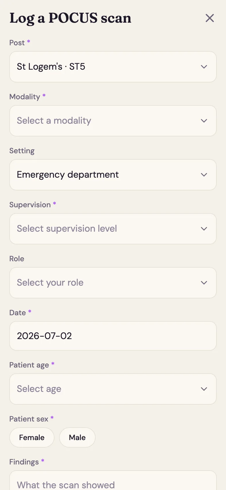 The log a POCUS scan form with modality, supervision and findings fields