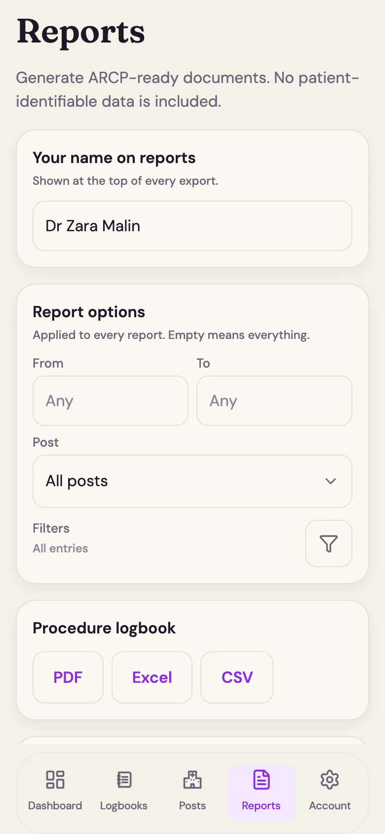 Reports screen generating ARCP-ready logbook documents